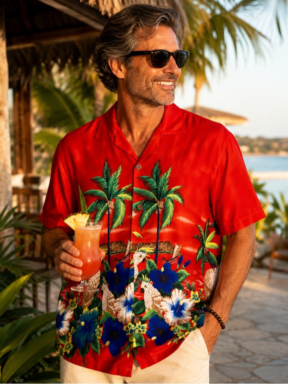 ULUWATU Mens XXL Hawaiian Aloha Shirt Red Cockatiel Birds Hibiscus Palm Trees